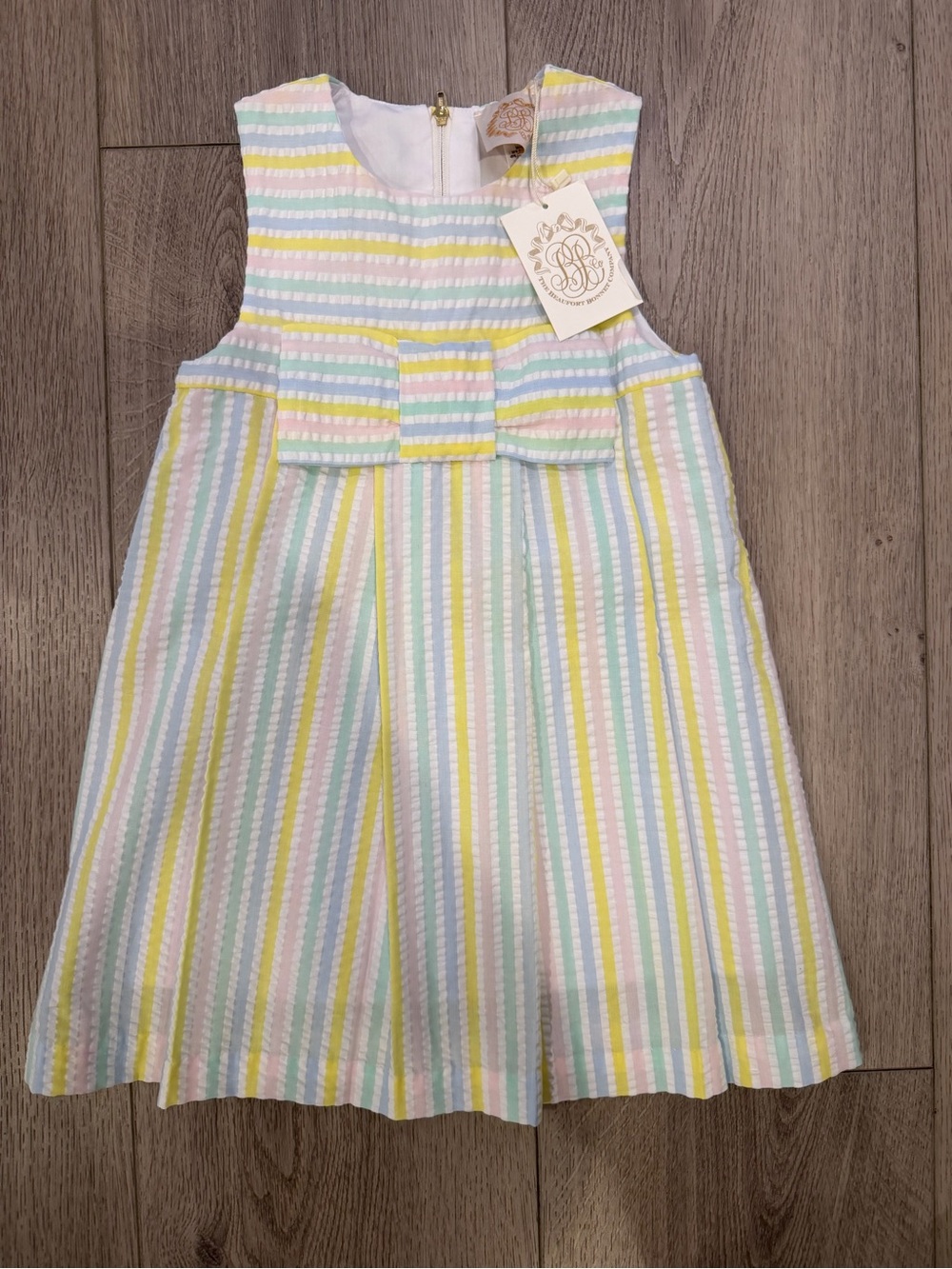 The Beaufort Bonnet Company Pastel Multi-Stripe Bow Dress- NWT